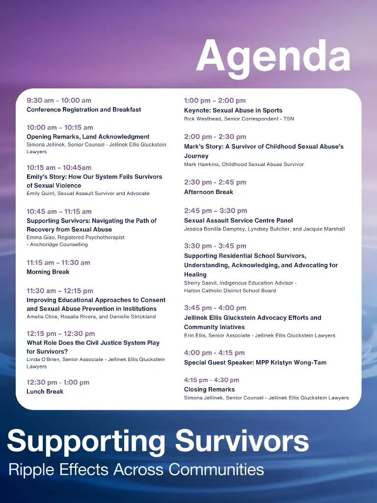 Agenda for our annual Supporting Survivors Conference