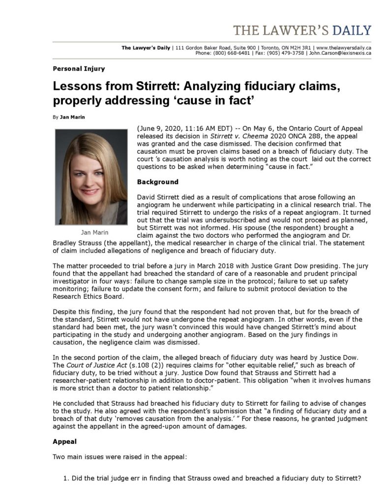 Lessons from Stirrett: Analyzing fiduciary claims, properly addressing 'cause in fact